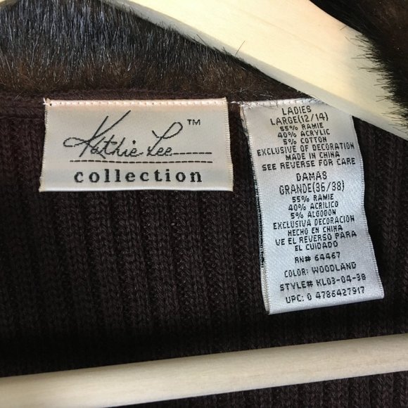 Vintage Sweater Jacket L 12 14 Brown Ribbed Knit Slim Fit Faux Fur Collar Casual - Picture 4 of 10